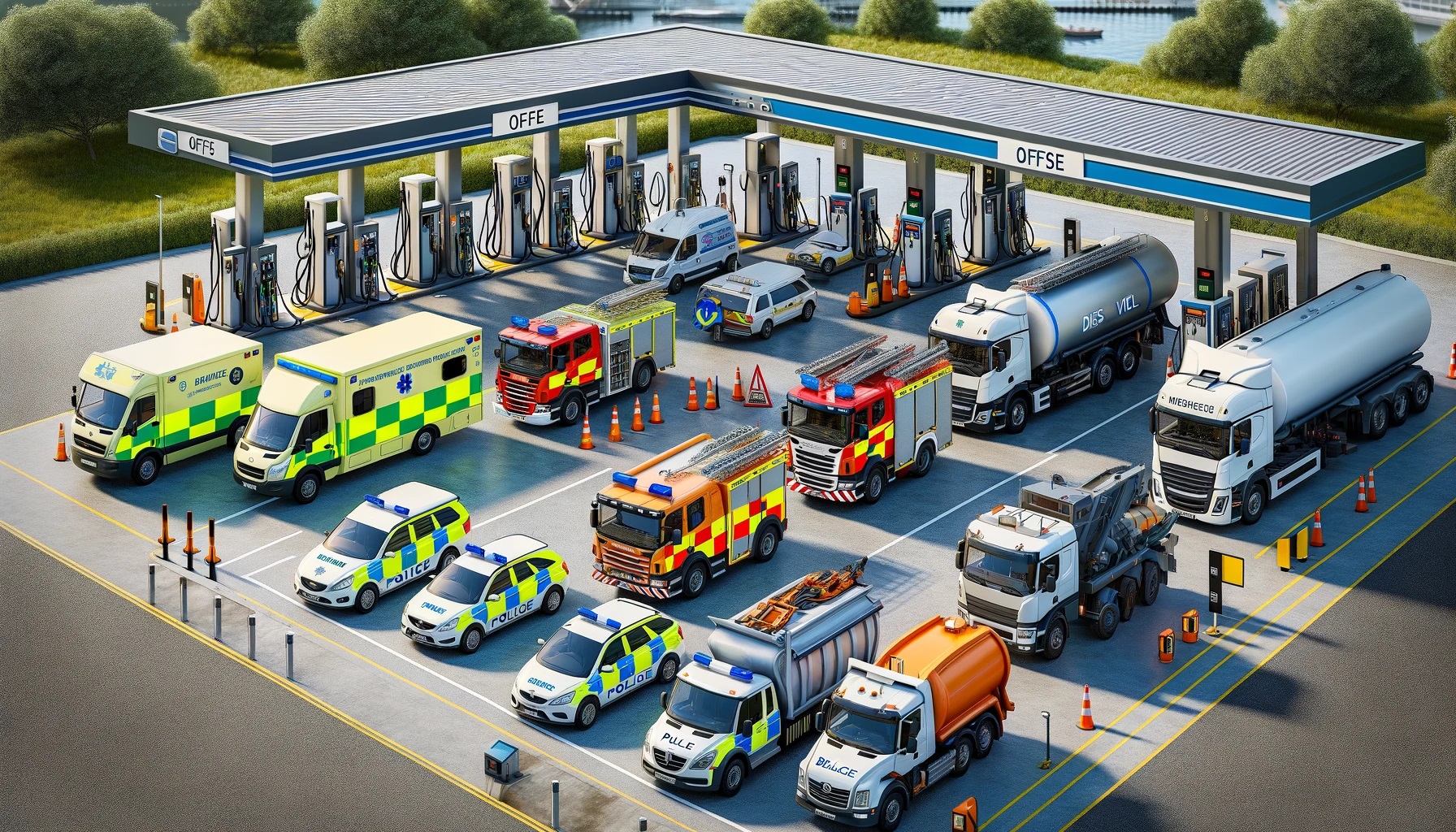 An eco-friendly HVO refueling station serves diverse vehicles like ambulances and fire engines in a vibrant, illustrated scene as UK government phases out diesel
