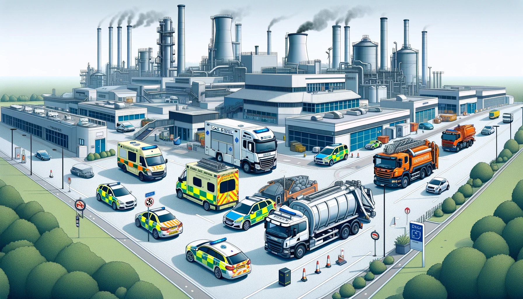 UK government vehicles, including emergency and service trucks, are stationed orderly in a clean, modern industrial park as the UK government phases out diesel