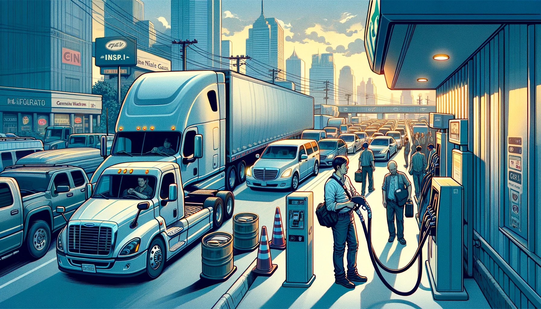 The limitations of LNG as a fuel for commercial vehicles An illustrated scene showing semi-trucks lined up at a LNG station in a busy urban setting. One truck is being refueled while the driver checks his watch, and other trucks wait their turn, indicating long refueling times and the inefficiency of LNG for commercial logistics.