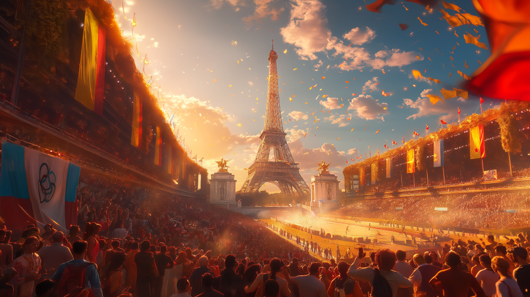 Dynamic scene at the Paris Olympics 2024 with athletes competing in various sports, a stadium full of cheering spectators, and the Eiffel Tower in the background. Bright, vibrant banners and decorations in the Olympic colors. Hydro Fuel