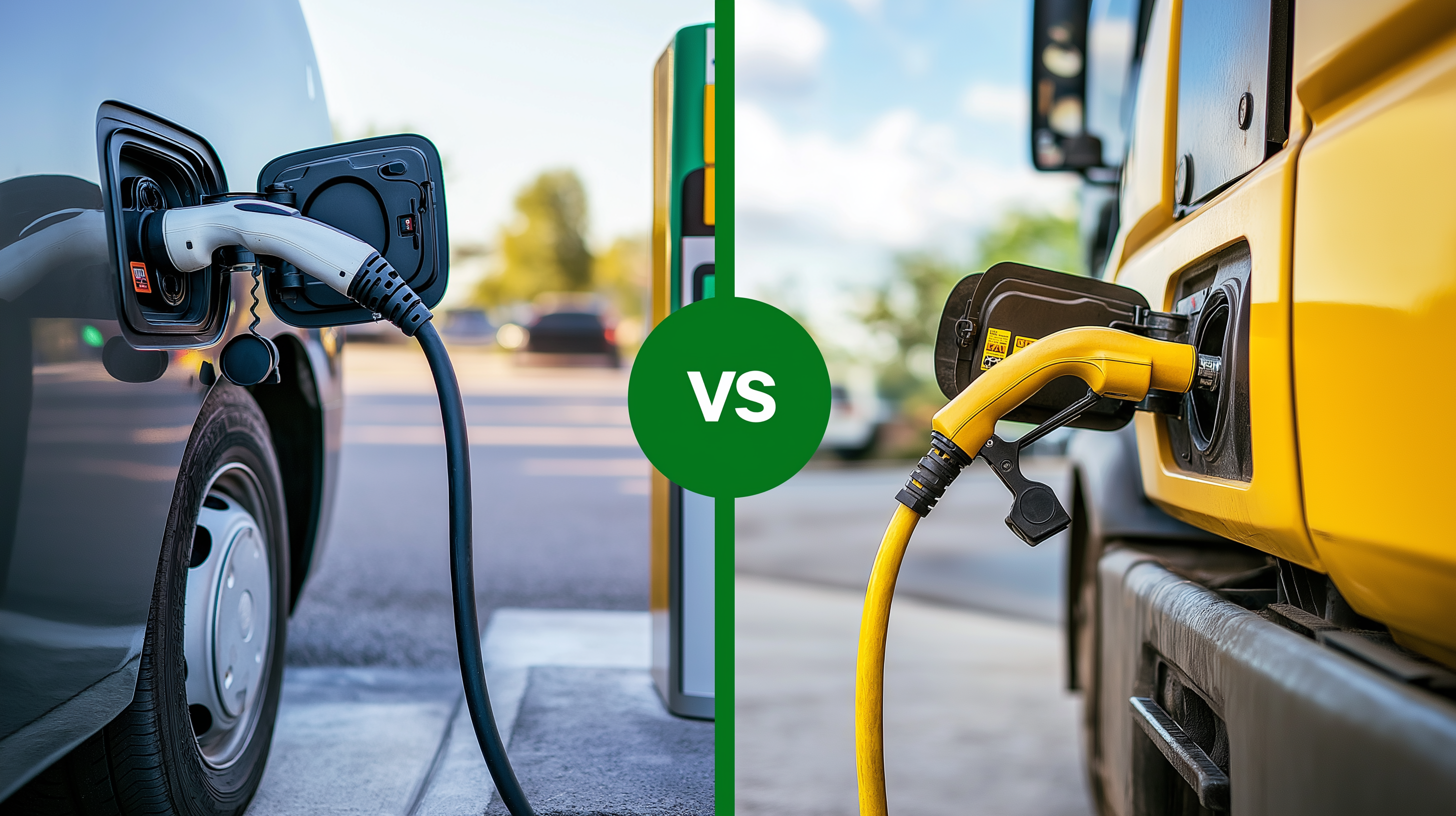 An image with a vehicle on the left being charged with electric and a vehicle on the right being filled up with HVO fuel with a green VS in the middle. showing HVO fuel vs electric vehicles