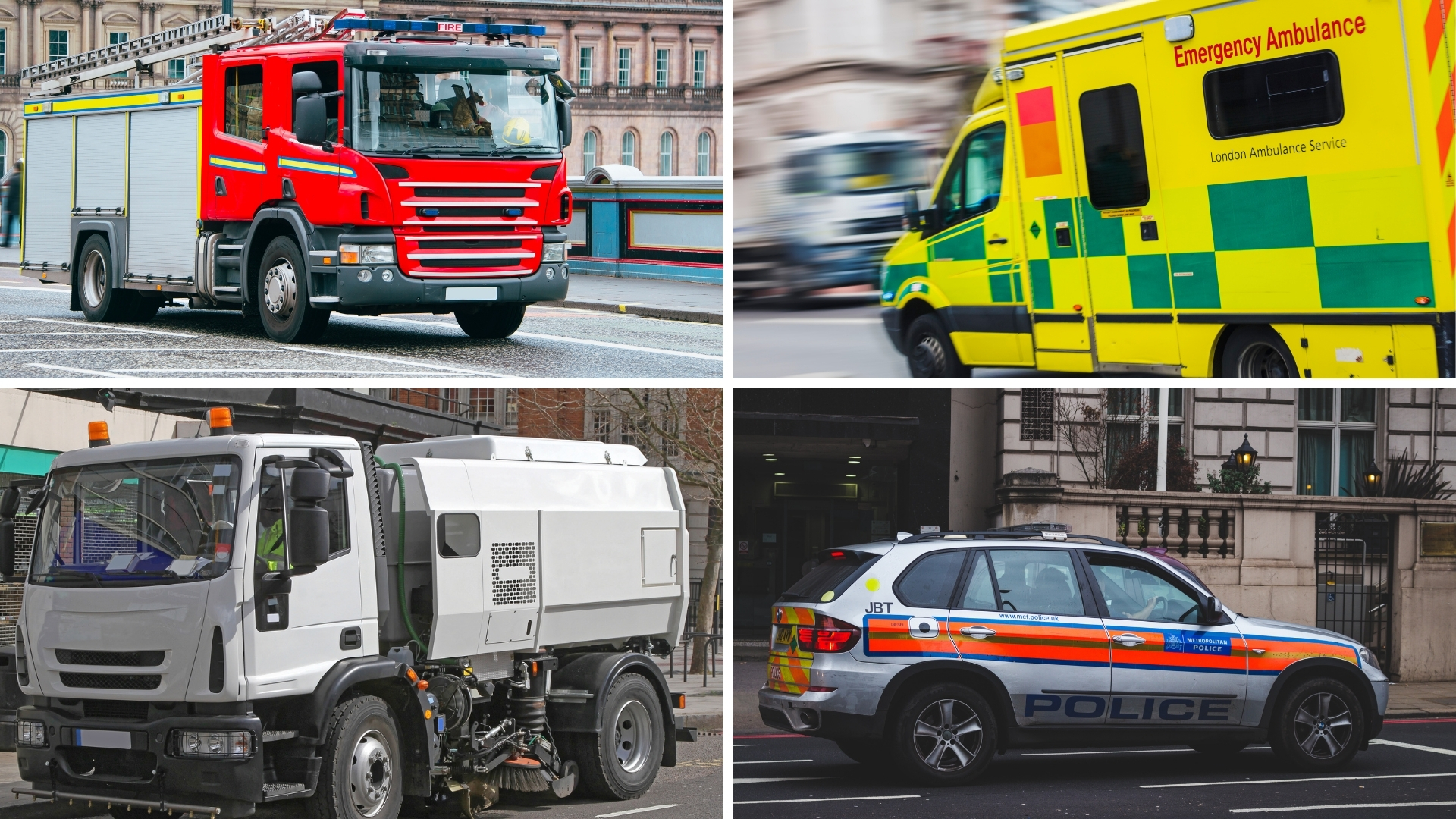 Optimising public sector fleets with HVO fuel: starting in top left and moving clockwise, 4 vehicles in a square collage.  A UK fire engine, a UK ambulance , a UK refuse truck and a UK police car.  