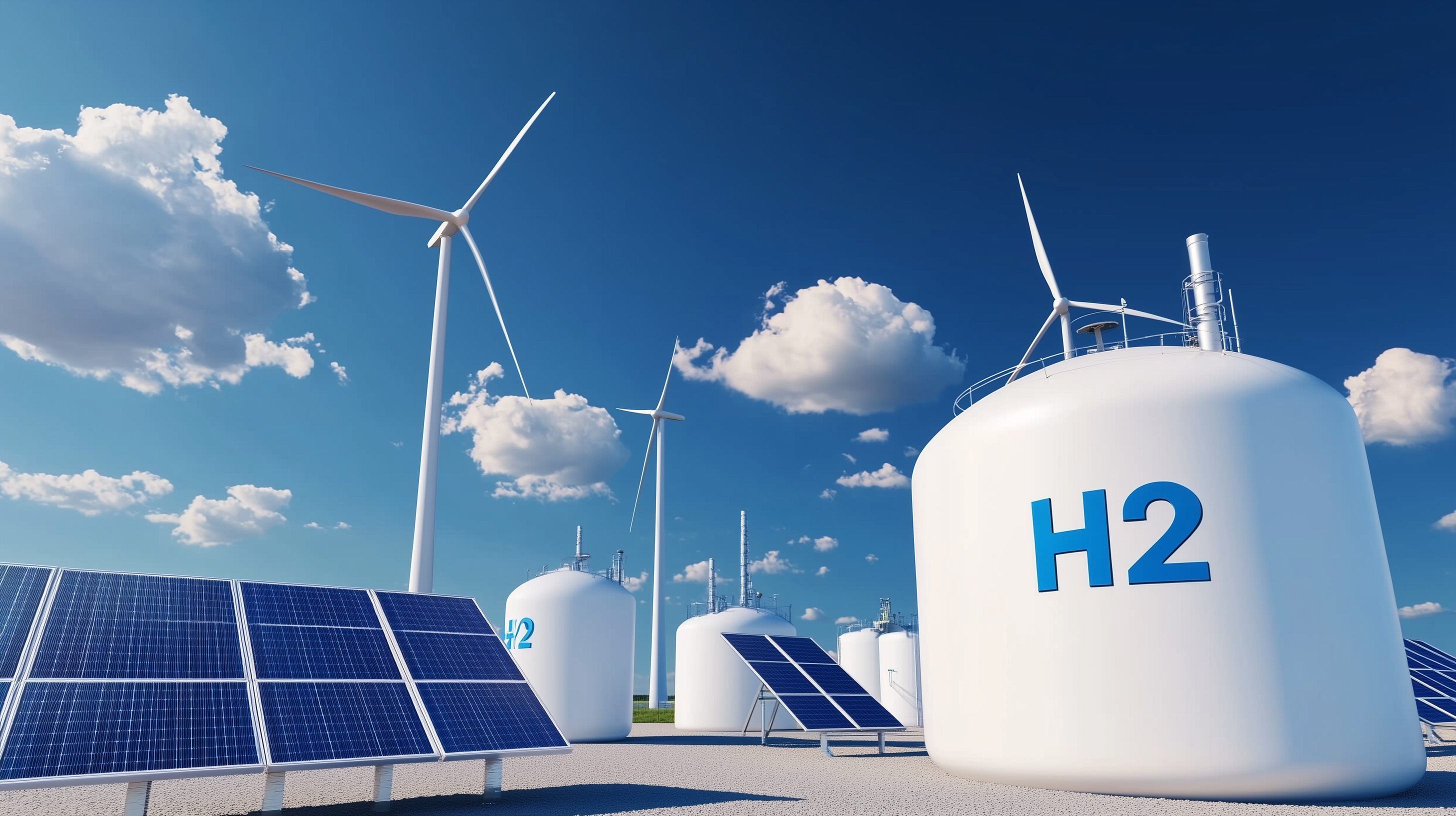what is the future of hydrogen fuel - 3D illustration of "H2" on white hydrogen tanks, with wind turbines and solar panels in the background, against a blue sky in bright daylight, high-resolution photography