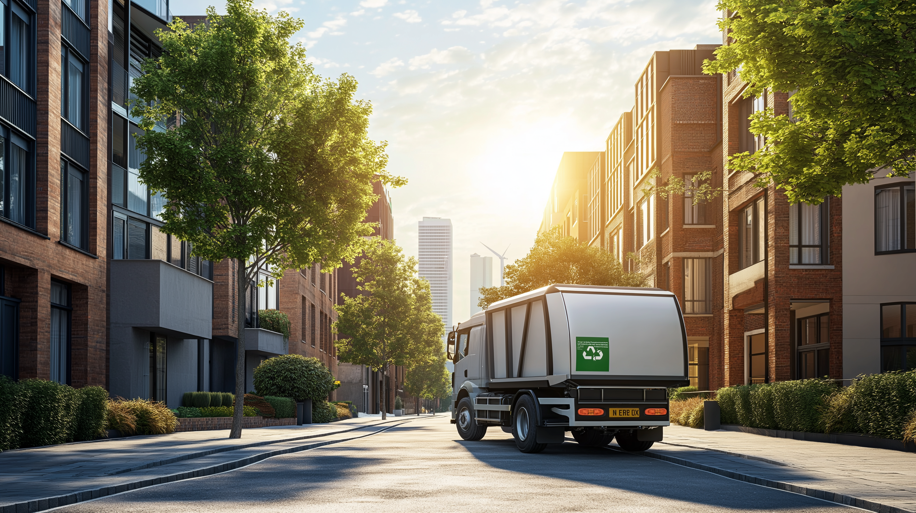 An eco-friendly UK rubbish truck, powered by HVO fuel, driving through a clean urban street lined with trees and solar-paneled rooftops. The truck features a sleek design with green accents, symbolising sustainability. The scene highlightsHVO Fuel Cost Savings For Local Government Fleets while showcasing a cleaner, more environmentally friendly urban future